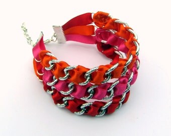 Pink Ribbon Bracelet, Large Chain Bracelet, Orange Bracelet, Red Bracelet, Cuff Bracelet, Multi Chain Bracelet, Woven Bracelet, Gift Idea