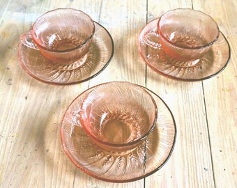 Rosalin pressed / depression glass, three soft pink cups and saucers, wheat pattern and beautiful shaped handles, might be art deco