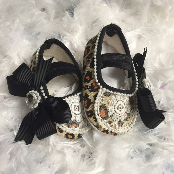 Items similar to Leopard Print Couture Pearl and Lace Crib Shoes