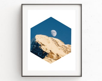 Moon Print, Moon Photography, Moon Wall Art, Instant Download Printable Art, Mountain Print, Blue Wall Art, Mountain Art