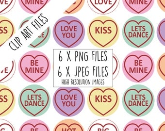 Candy Hearts Clip art images, 6 Love Heart Sweets with Text Messages, Scrapbooking, Clipart Conversation Hearts, Valentines Day Art