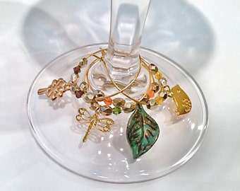 Golden Spring Wine Glass Charms - Gold Wine Glass Charms - Bird, Dragonfly, Tree and Leaf Glass Charms