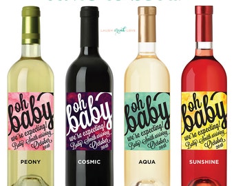 Watercolor Oh Baby "Pregnancy Announcement" Custom Wine Label - Pregnancy Announcement Wine Label - Announcing Pregnancy to Family - Custom