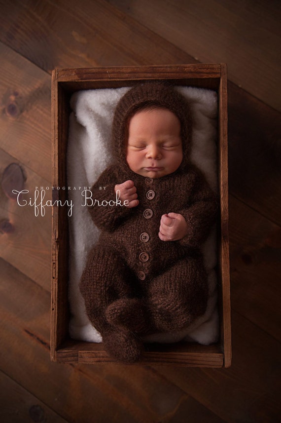 Newborn Hooded Knit Sleeper - Newborn Footed Jammies with hood or bonnet - Newborn Mohair Knit Pajamas - Newborn Photo Prop