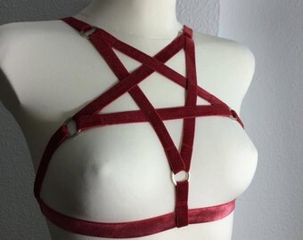 Harness bra Pentagram Wiccan fetish bdsm red Velvet harness bondage Pentagram harness pole dance exotic bodycage goth cyber punk rock