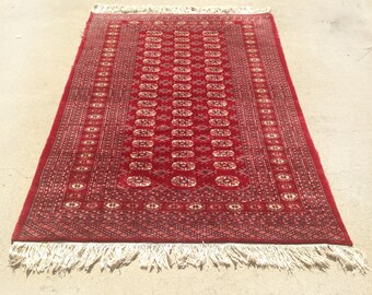 Vintage Red Bokhara Rug with Fringe 4' x 6' - Pakistani Rug, Oriental Rug, Turkmen Rug, Tribal Area Rug
