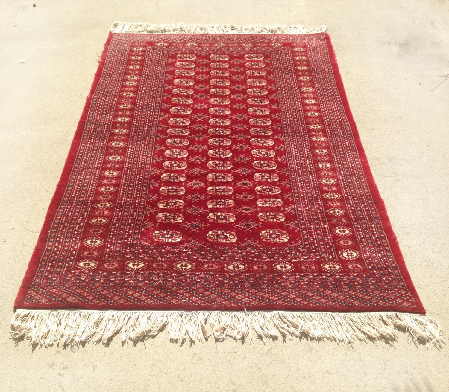 Vintage Red Bokhara Rug with Fringe 4' x 6'