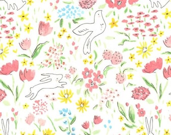 Garden Sommer Bloom - Michael Miller - Bunny Bird Floral Pink White - Quilting Cotton Fabric - by the yard fat quarter half