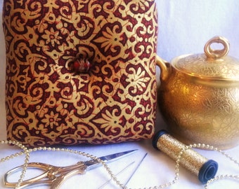 Elegant Box Pin Cushion, Scarlet and Gold Pin Cushion,Square Pin Cushion,Elegant Pin Cushion,Pin Cushion Pillow,Pin Cushion with Glass Beads
