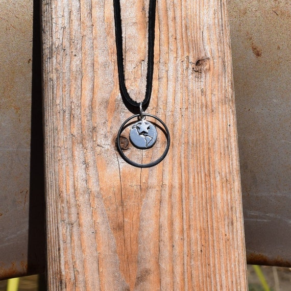 Black Leather and Silver Earth Necklace. 925 Silver. Item 154.