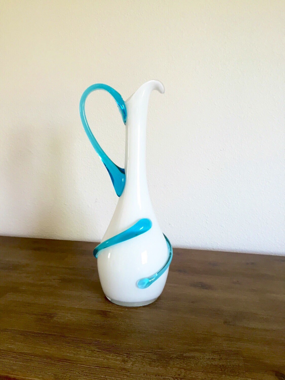 Hand Blown White Art Glass Pitcher/Vase with Applied Blue