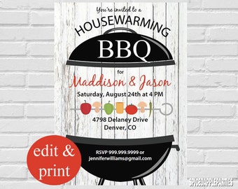 Housewarming BBQ Invitation INSTANT DOWNLOAD-Edit with Acrobrat Reader, Do-It-Yourself
