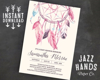 Dream Catcher Printable Baby Shower Invitation Template, DIY Printable, Dreamcatcher, tribal, boho, feathers, invite, watercolor, girl, pink