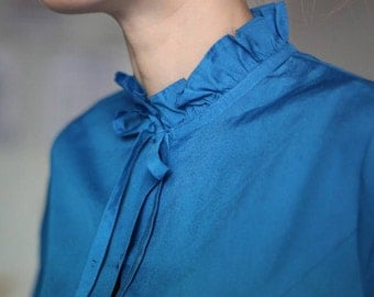 Vintage French Blue Ruffled Blouse 80s Eur 40