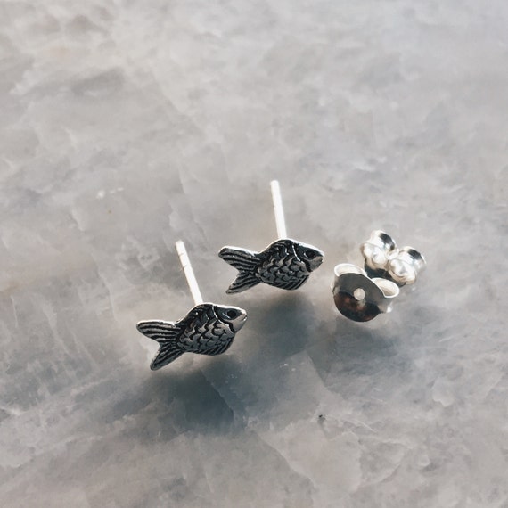 Sterling silver gold fish ear studs Goldfish ear studs Gold