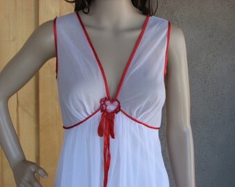 Vintage Sheer Nightgown, White Full Length Chiffon Nightgown with Red Satin Trim, Size Medium, Sheer Bodice
