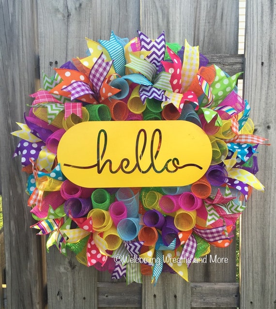 Summer Wreath Hello Wreath Colorful Wreath by WelcomingWreathsMore