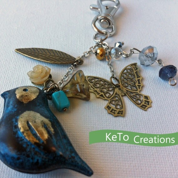 Golden Bluebird Butterfly Key Fob, Blue with Gold Feathers, Purse Dangler to Personalize Your Bag