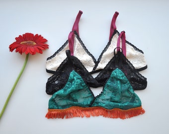 Pack of 3 Bralette floral lace bra wool bra southamerican pattern bralette wavy hem un padded sheer bralette lacy bralette pack of three bra