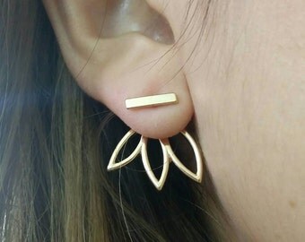 Flower Earrings, front back earring set, elegant ear jacket, lotus flower earrings leaf earring studs silver bar earrings gold line earrings