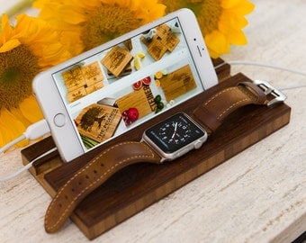 Docking Station Apple Watch All iPhones Stand Monogram Personalized iWatch Men Charging Wood Groomsman Boyfriend Initials