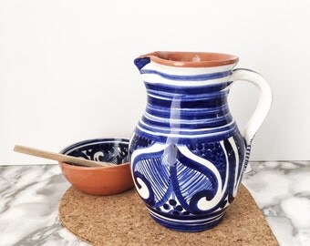 Blue and White Colheita Pitcher / Ceramic Jug / Terracotta Jug / Ceramic Pitcher / Terracotta Pitcher / Handpainted Pitcher