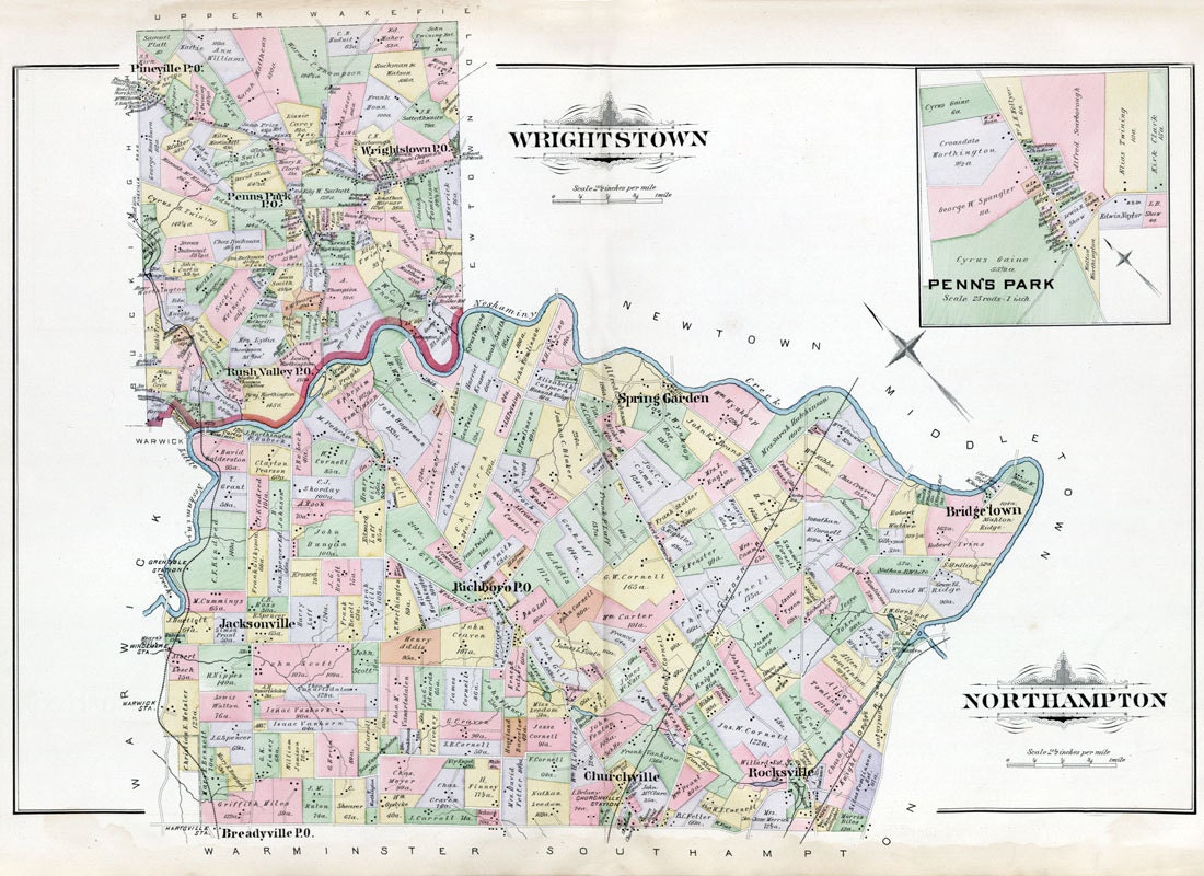 1891 Map of Wrightstown and Northhampton Township Bucks County