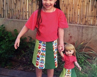 matching girls 1-8 years and 18 inch doll. PDF Skirt and top Pattern, PDF Shirt pattern, for American Girl 18 inch, Doll Clothes Pattern