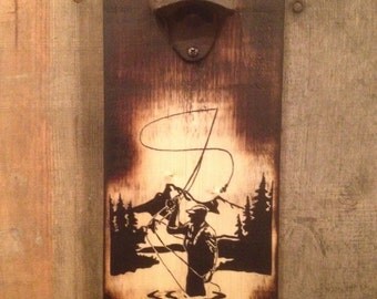 Fly Fishing in the Mountains (Bottle opener) Rustic Vintage/ pallet art