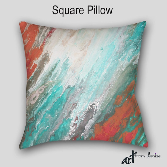 Throw pillow Teal aqua gray coral Abstract art Designer