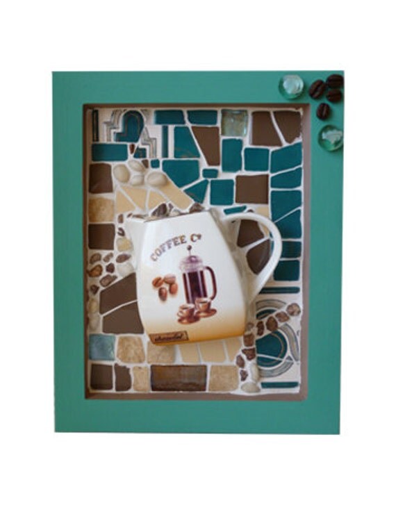 Items similar to Mosaic wall coffee decor art Kitchen brown teal themed
