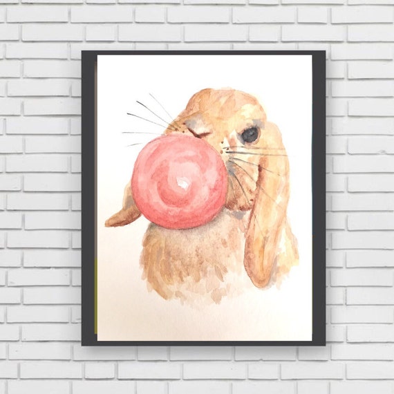 Download BUNNY BLOWING BUBBLE original watercolor painting bunny