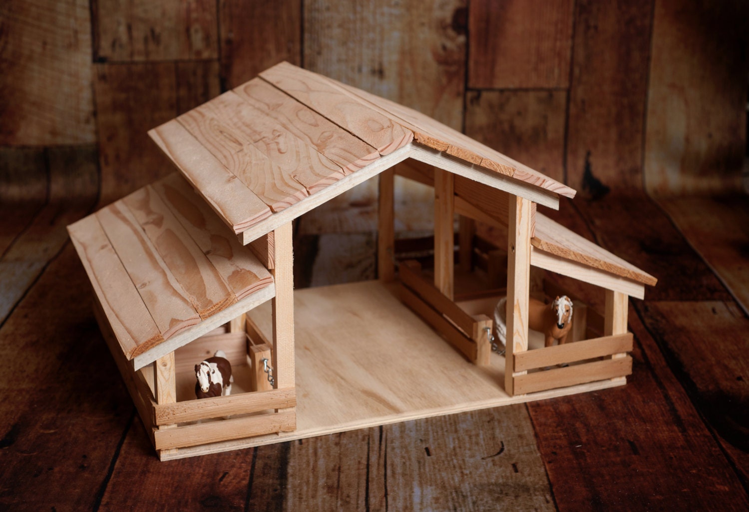 Handmade Wood Toy Barn with 4 Stalls