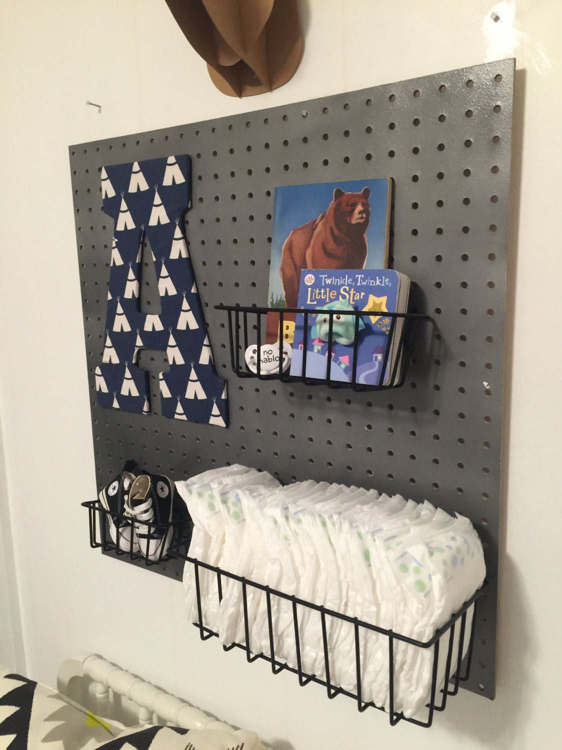 24x24in Boys Pegboard Nursery Decor // Changing Table Station