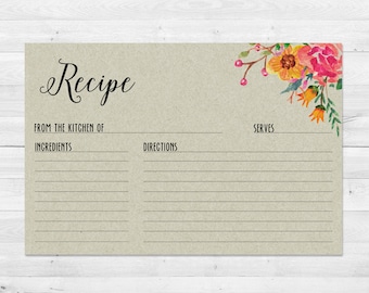 Recipe Cards, Bridal Shower, Printable, Rustic Recipe Card, Floral, Wedding