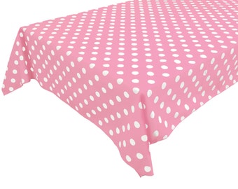 Cotton Table Cloth Polka Dots / Spots White on Pink