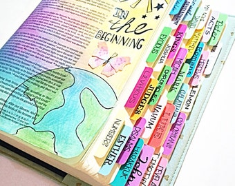 Colorful Printed Bible Tabs: Unique, colorful bible tabs. Handmade laminated Bible tabs with adhesive