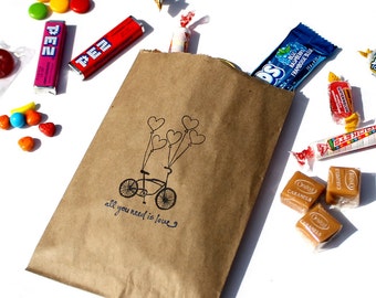 Wedding Candy Bags (25), Wedding Favor Bags, Candy Buffet Bags - Bicycle Heart Balloons "all you need is love" - Kraft Paper or White Paper
