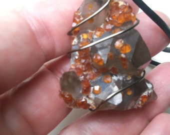Druzy Orange Garnet on Smokey Quartz Focal Pendant