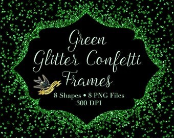 Green Glitter Confetti Frames - Digital Instant Download - 8 Sparkly Green Clipart Frames - PNG Overlay Clip Art Frames Borders Christmas