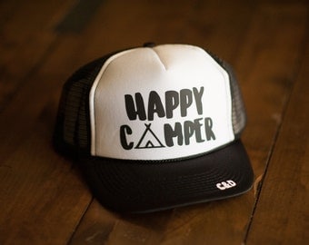 Happy Camper Trucker Hat | Black and White Hat, Summer Hat, Beach Hat, Ball Cap, Custom Trucker Hats, Snapback