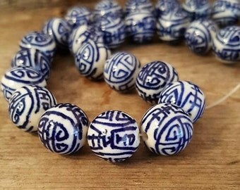 Hand painted navy blue and white beads Porcelain with Asian good luck sign 30 beads 14 mm classic round