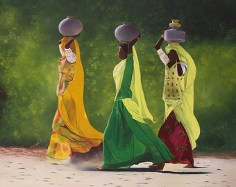 SOLD. Indian. Indian women, stage of life, green, orange, yellow, colorful dress printed floral, trees, modern