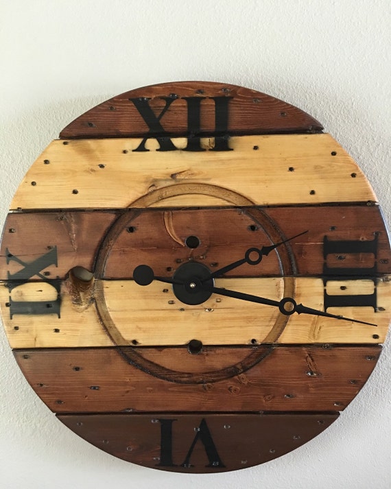 Wooden spool clock large hanging wall clock by KnottyNuffWood