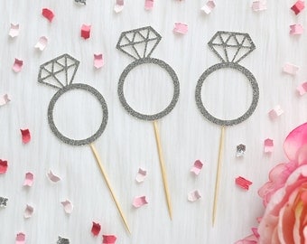 Diamond Ring Cupcake Toppers (Set of 12) | Engagement Party | Bridal Shower Decor | Wedding Cupcake Toppers | Glitter Cupcake Toppers