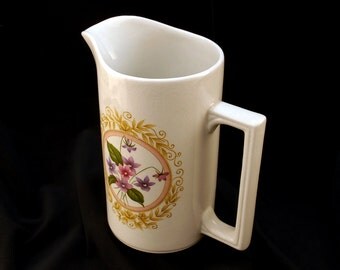 Wood and Sons English Ironstone 32 Oz. Milk Pitcher, Vintage 1940s-1950s Jug, Alpine White Body, Small Retro Victorian Pitcher Pink Flowers