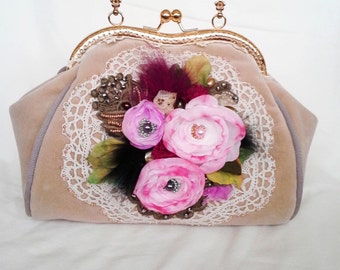 Bohemain bag purse Shabby Chic Cross Body Tote Bag, inspiration Baroque era,antique textile art aplique roses