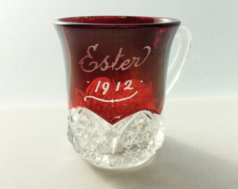 Antique EAPG Duncan & Miller Ruby Flash Button Arches Souvenir Glass Mug - Ester 1912