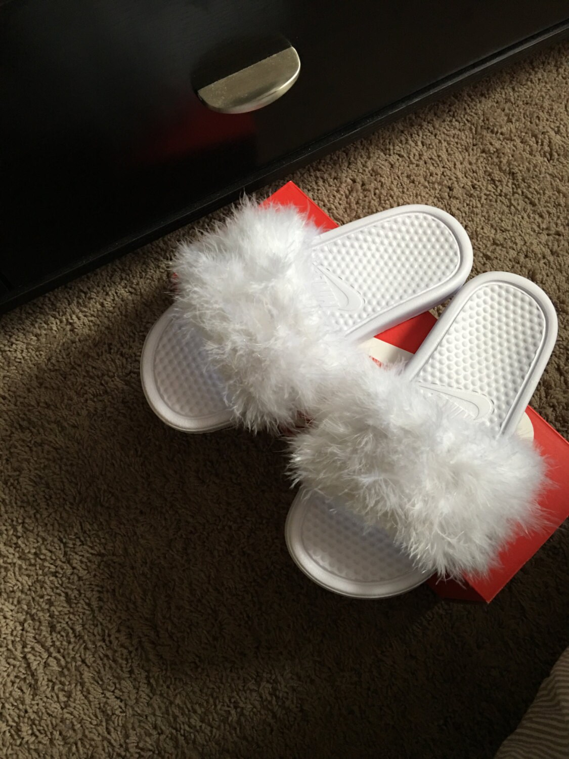 girl nike slides with fur