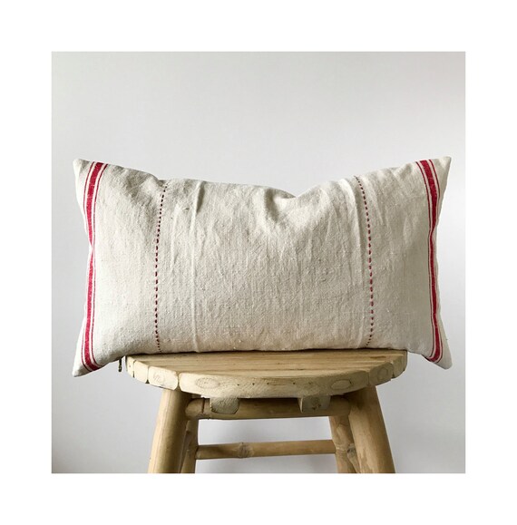 Vintage French Linen Lumbar Throw Pillow Case Embroidered